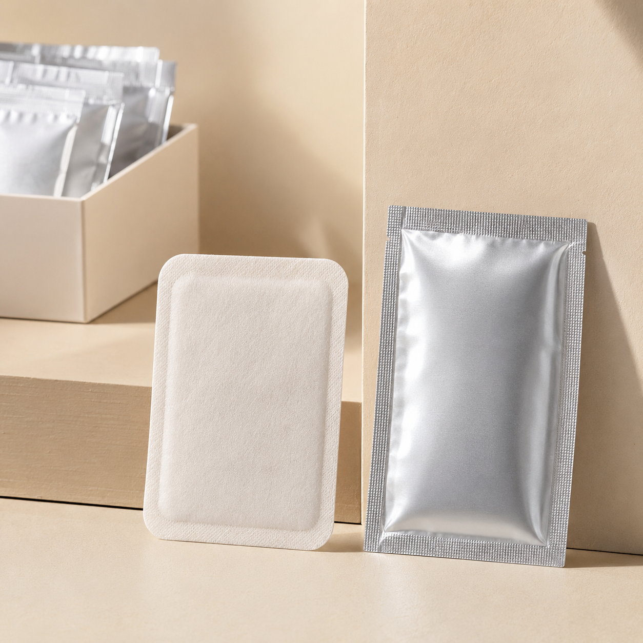 WarmPatch menstrual heat patch product with 1pc foil pouch and subtle sample pack cue